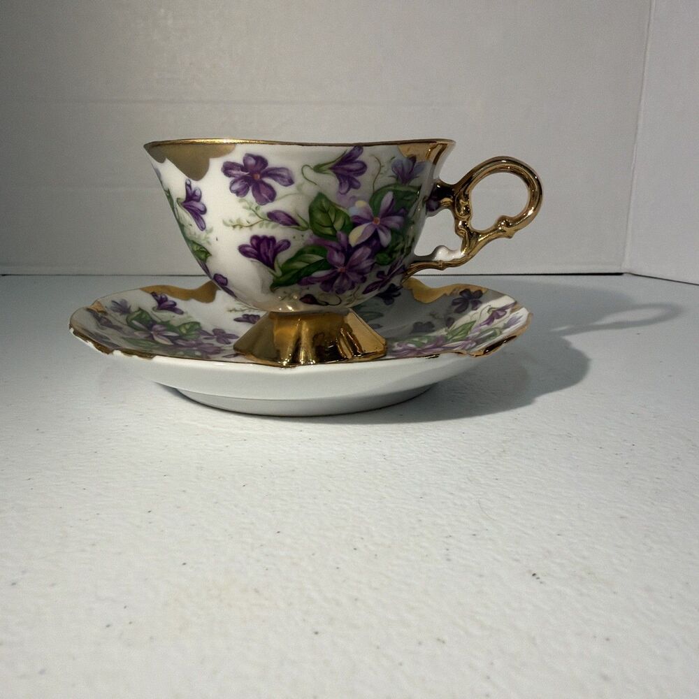Beautiful Vintage Tea Cup & Saucer Made in Japan Gold Rim Violets Cottage Core